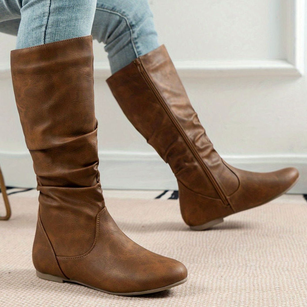 Women's Flat Slouched Mid-Calf Boots Side-Zip