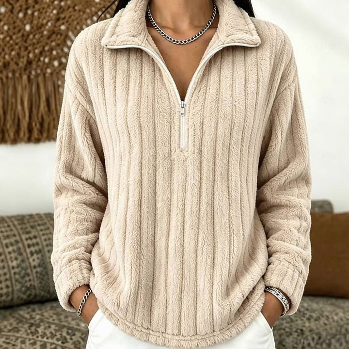 Women's Fleece Quarter-Zip Pullover Ribbed Cozy Sweatshirt - Apricot