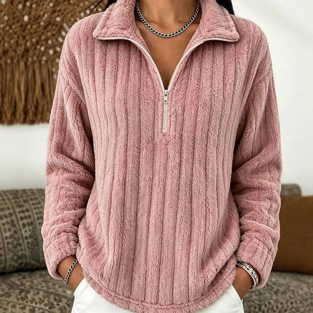Women's Fleece Quarter-Zip Pullover Ribbed Cozy Sweatshirt - Pink