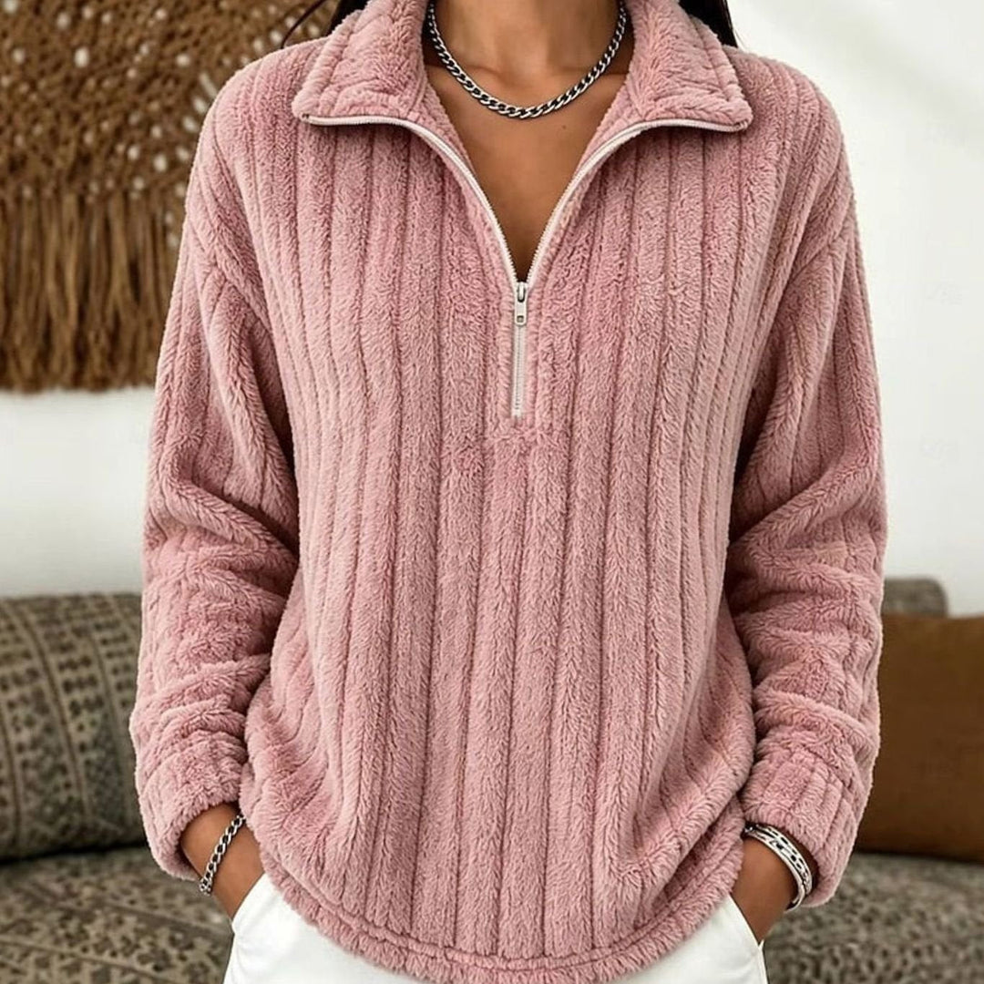 Women's Fleece Quarter-Zip Pullover Ribbed Cozy Sweatshirt - Pink