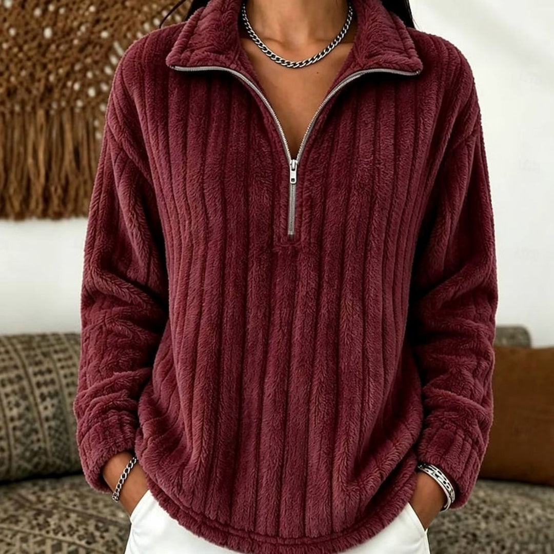 Women's Fleece Quarter-Zip Pullover Ribbed Cozy Sweatshirt - Red