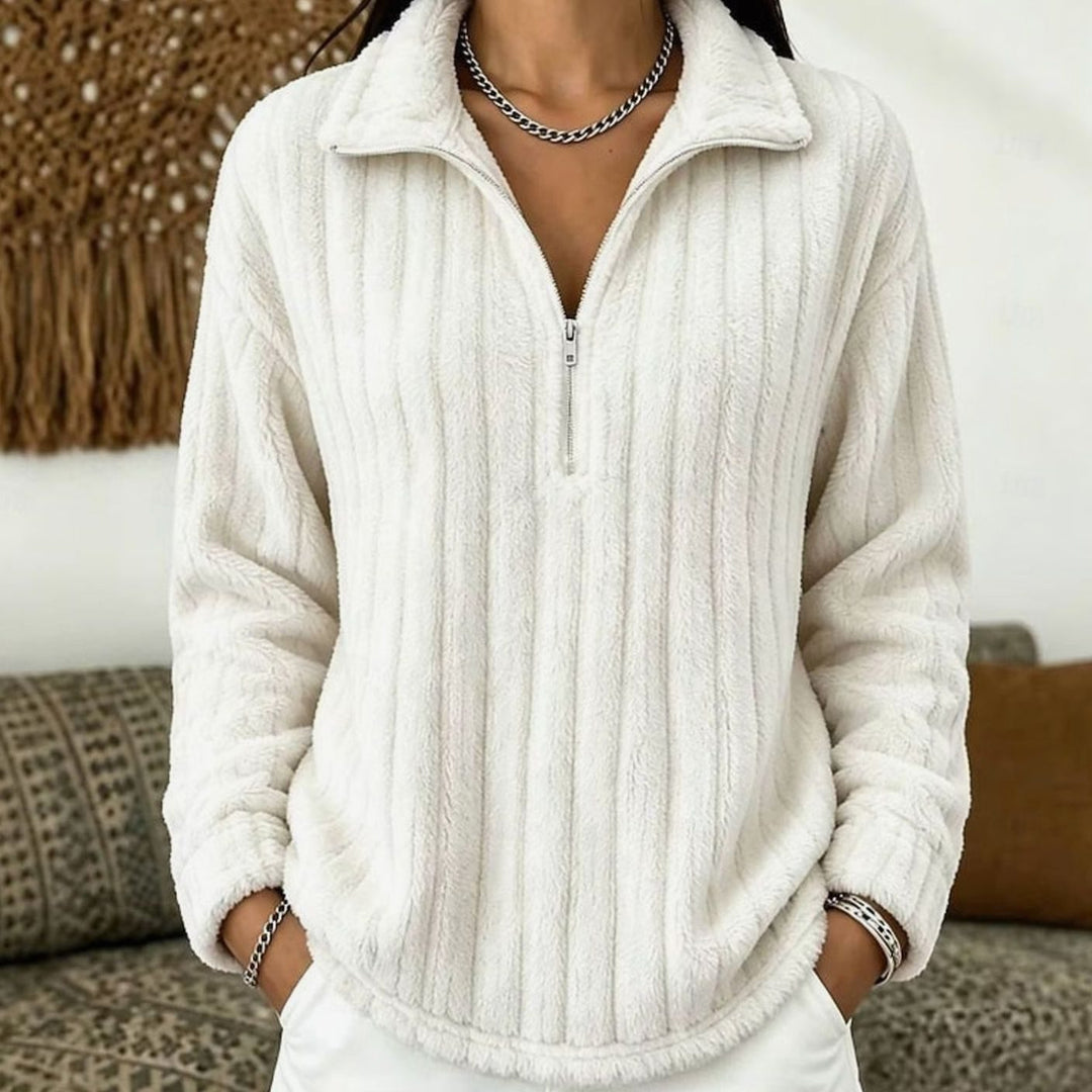 Women's Fleece Quarter-Zip Pullover Ribbed Cozy Sweatshirt - White