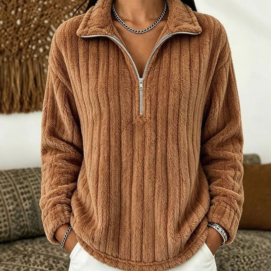 Women's Fleece Quarter-Zip Pullover Ribbed Cozy Sweatshirt - Light Brown