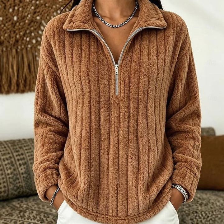 Women's Fleece Quarter-Zip Pullover Ribbed Cozy Sweatshirt - Light Brown