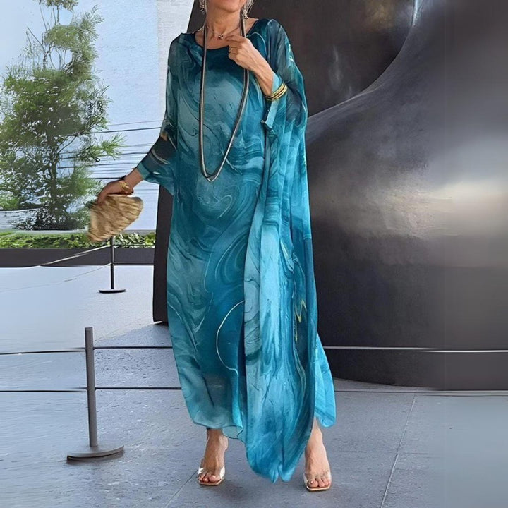 Women's Floaty Batwing Long Sleeve Dress Maxi Occasion Gown - Blue
