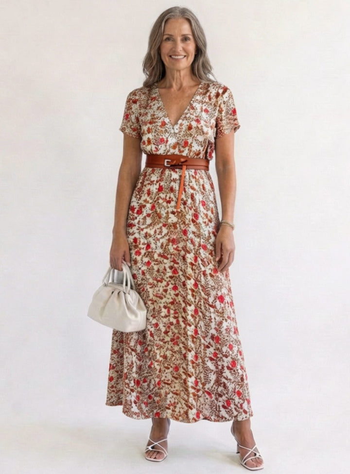 Women's Floral V-Neck Short Sleeve Midi Maxi Dress - Red