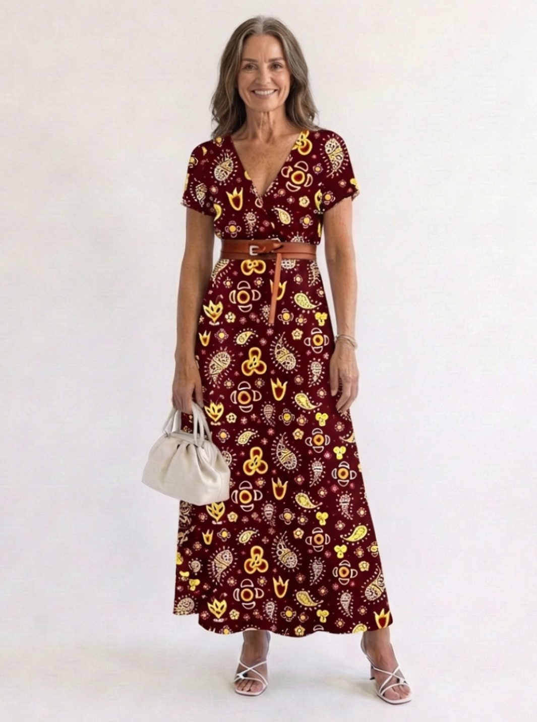 Women's Floral V-Neck Short Sleeve Midi Maxi Dress - Burgundy