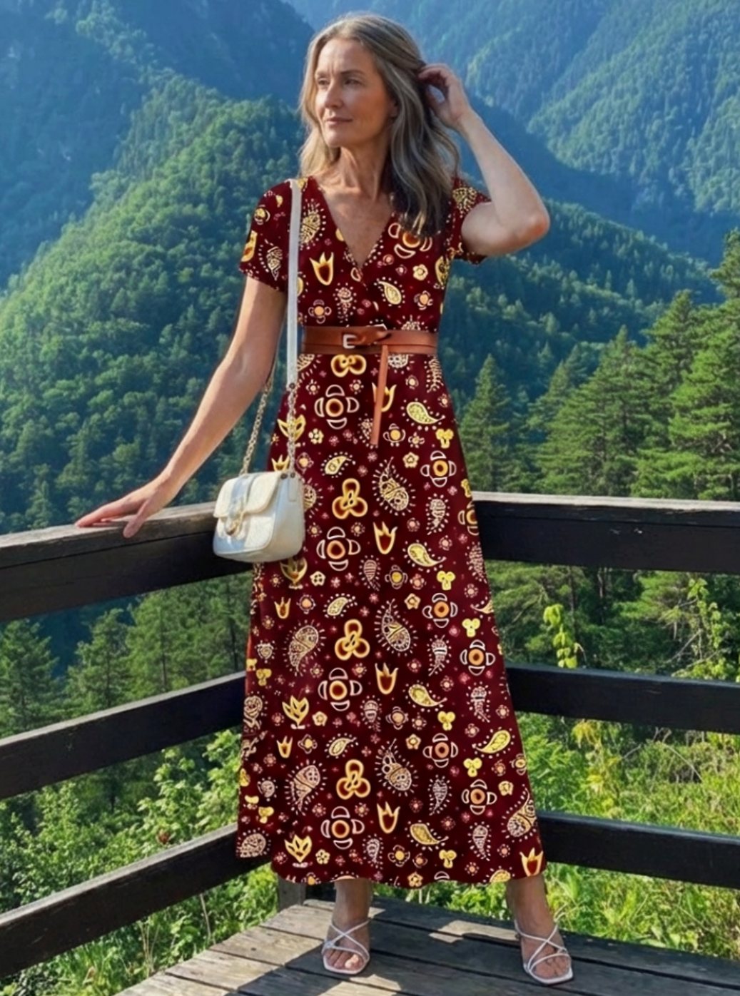 Women's Floral V-Neck Short Sleeve Midi Maxi Dress
