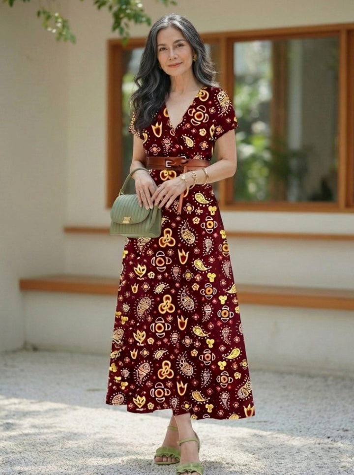 Women's Floral V-Neck Short Sleeve Midi Maxi Dress