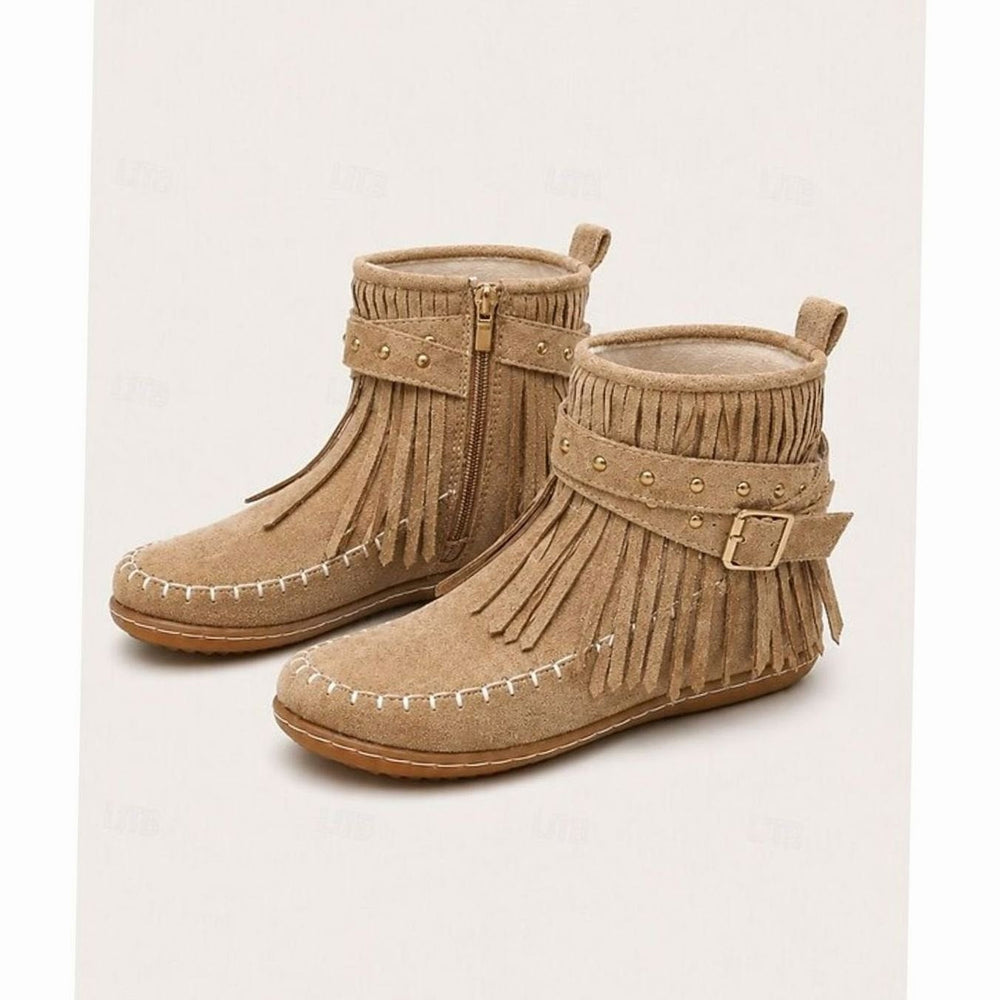 Women's Fringe Moccasin Flat Ankle Boots Buckle Strap Side Zip - Beige