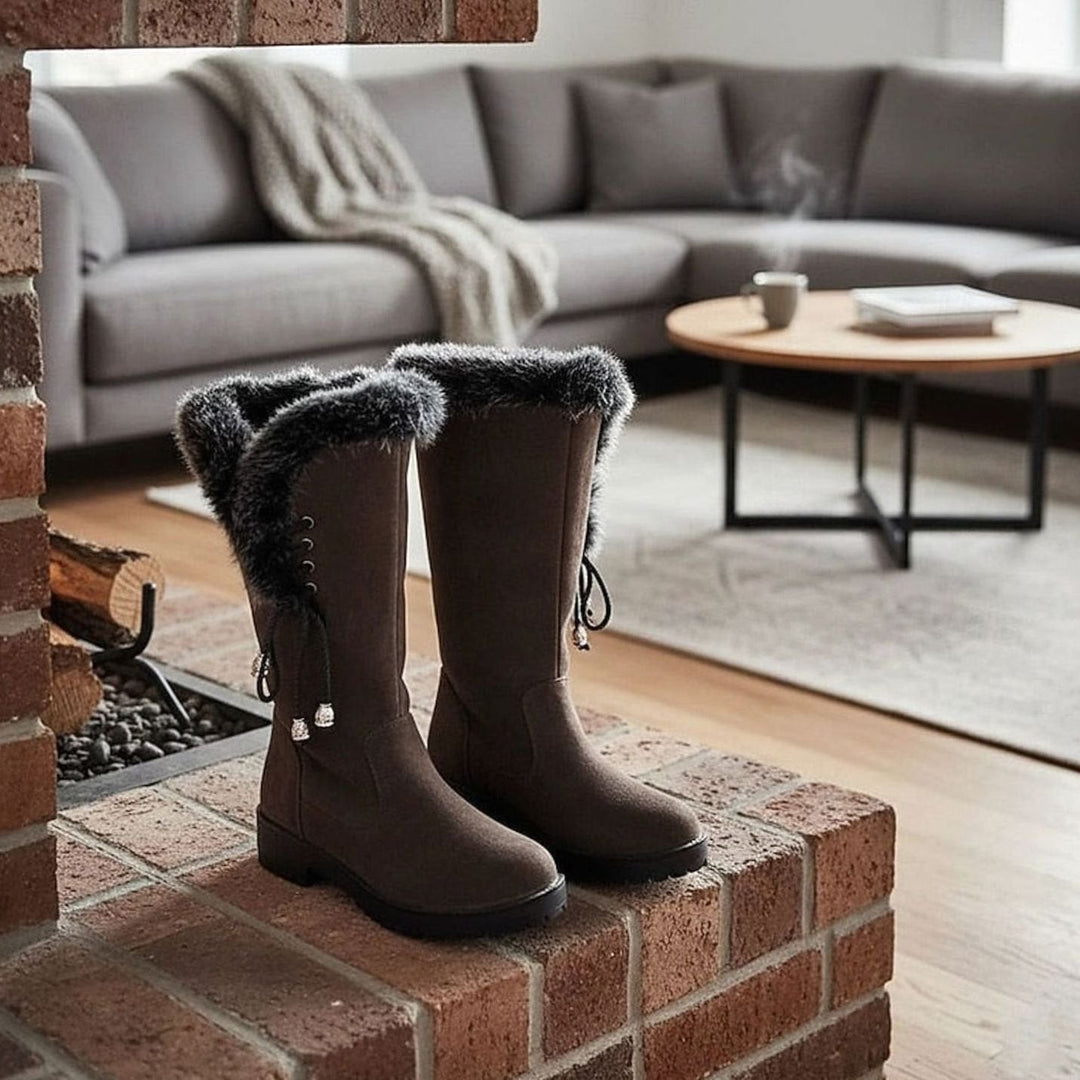 Women's Fur-Trimmed Knee-High Winter Snow Boots - Dark Brown