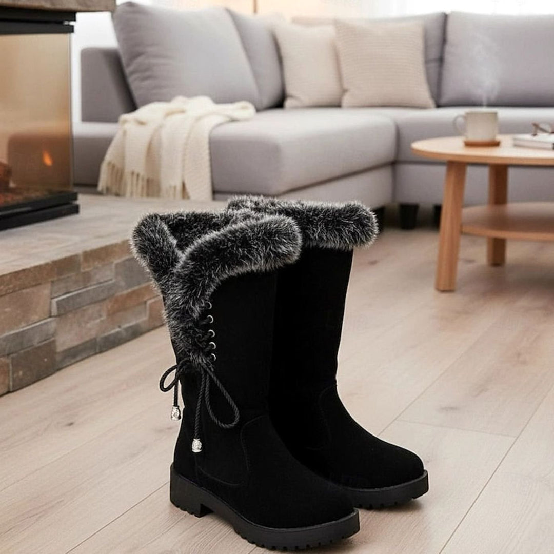Women's Fur-Trimmed Knee-High Winter Snow Boots - Black