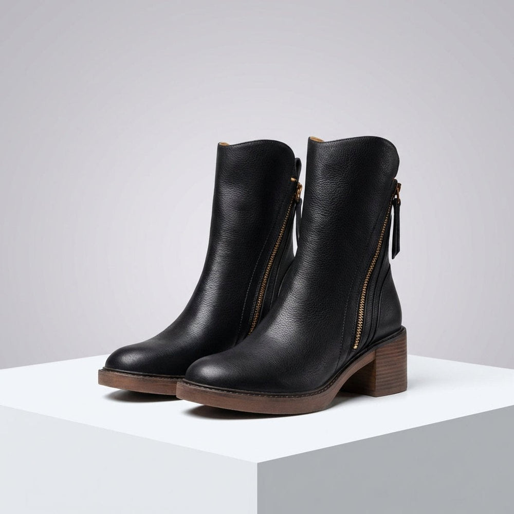 Women's Genuine Leather Side-Zip Black Boots Block Heel - Black
