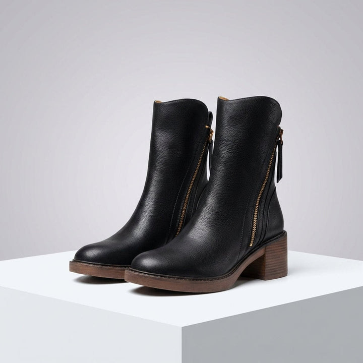 Women's Genuine Leather Side-Zip Black Boots Block Heel - Black