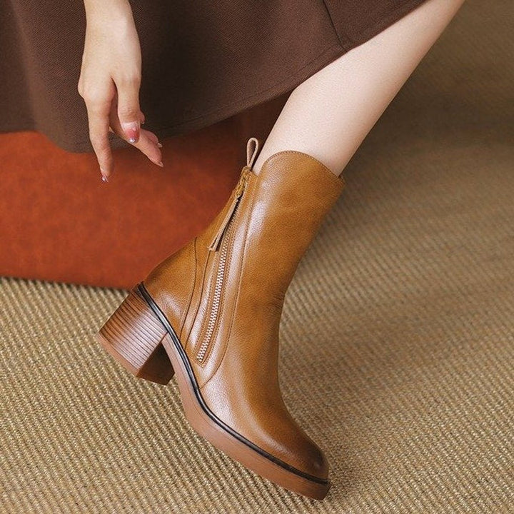 Women's Genuine Leather Side-Zip Black Boots Block Heel