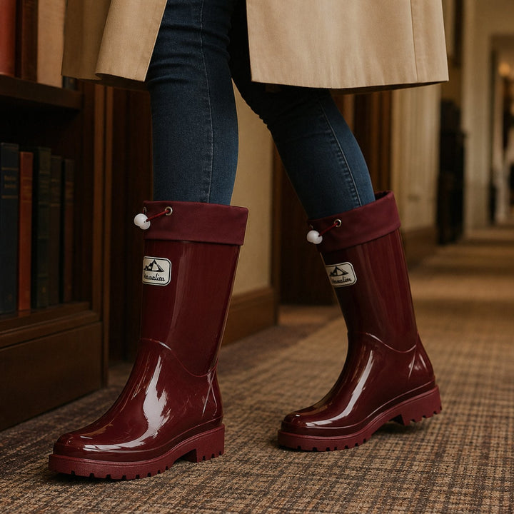 Women's Glossy Rubber Drawstring Knee-High Rain Boots - Burgundy