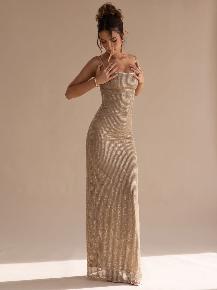 Women's Gold Glitter Spaghetti-Strap Bodycon Maxi Christmas Party Dress