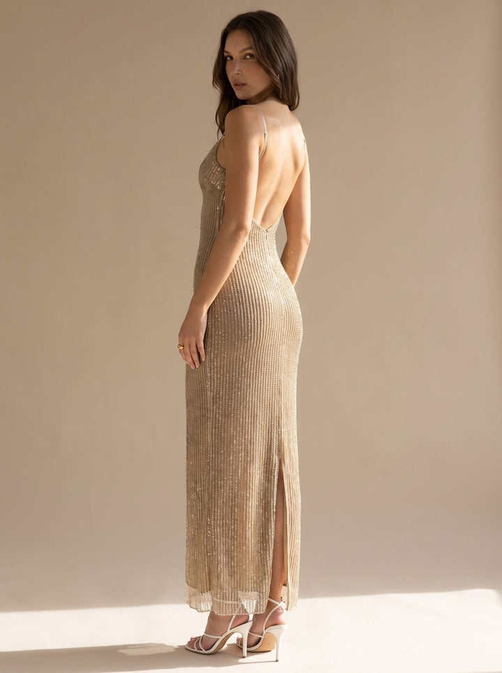 Women's Gold Glitter Spaghetti-Strap Bodycon Maxi Christmas Party Dress