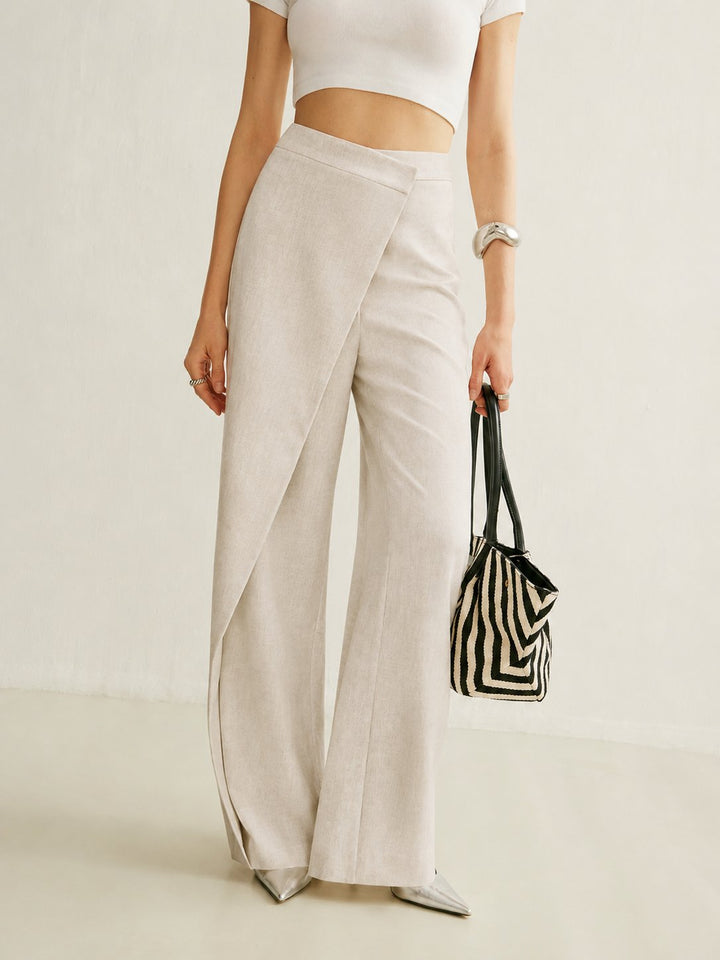 Women's High-Waist Asymmetric Wrap Wide Leg Pants - Apricot