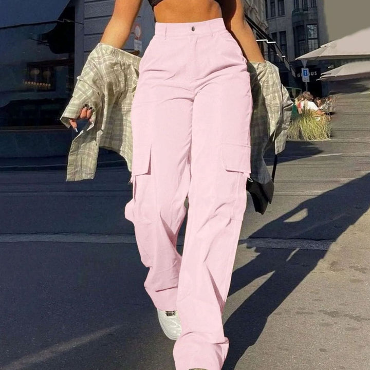Women's High-Waist Wide-Leg Cargo Trousers Flap-Pocket - Pink