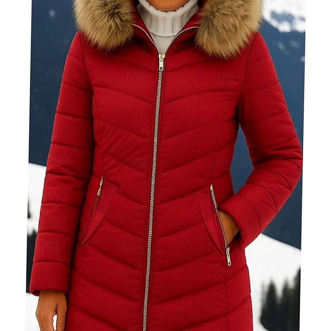 Women's Hooded Faux-Fur Trim Quilted Jacket Waist-Defining Puffer Coat - Wine Red