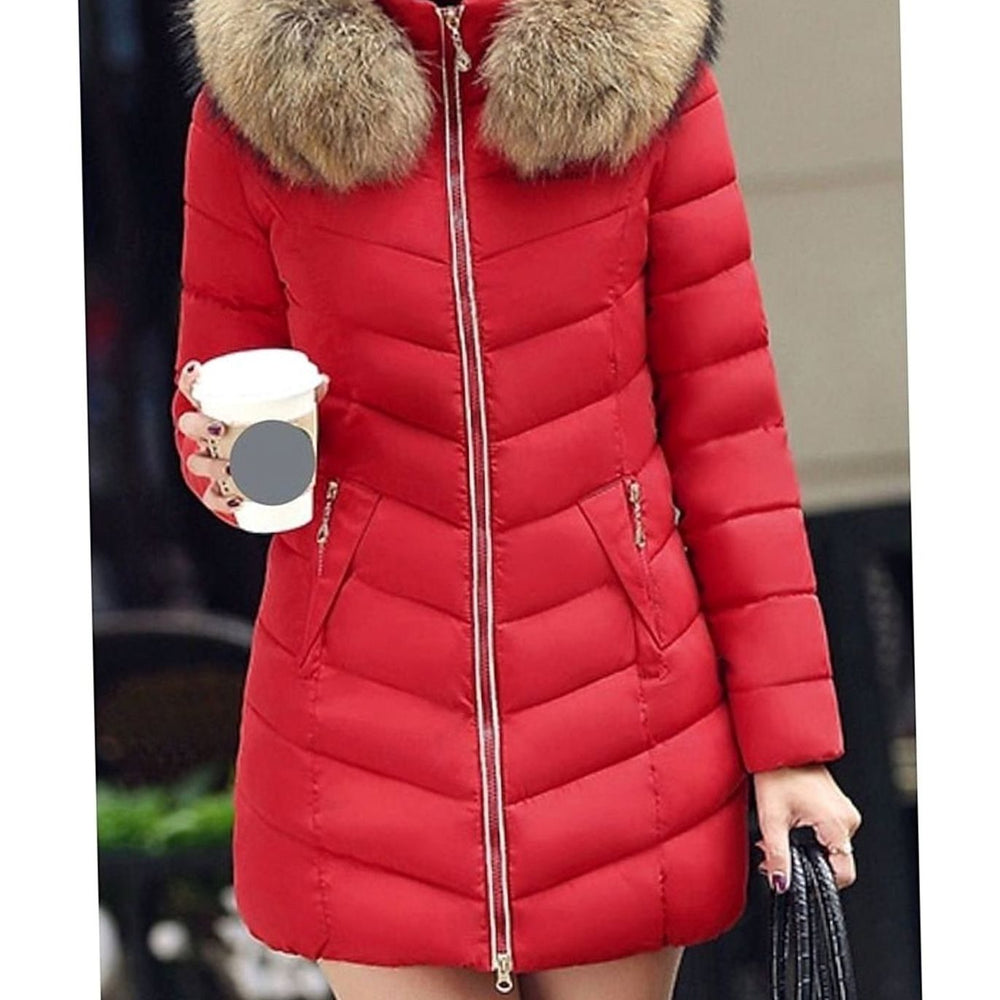 Women's Hooded Faux-Fur Trim Quilted Jacket Waist-Defining Puffer Coat - Red