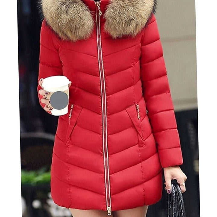 Women's Hooded Faux-Fur Trim Quilted Jacket Waist-Defining Puffer Coat - Red