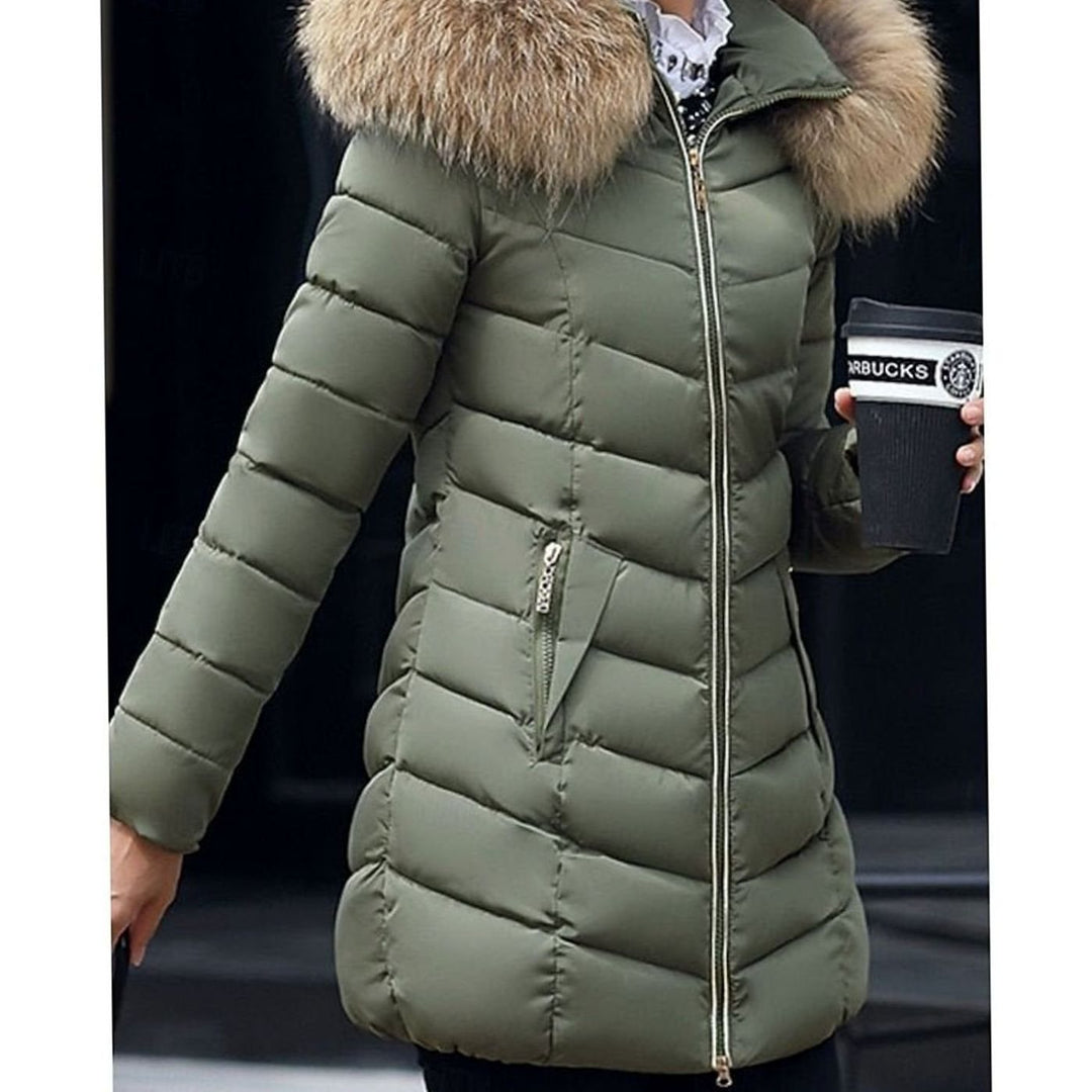Women's Hooded Faux-Fur Trim Quilted Jacket Waist-Defining Puffer Coat - Olive Green