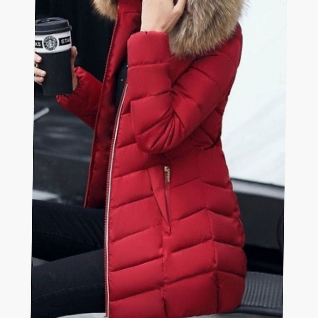 Women's Hooded Faux-Fur Trim Quilted Jacket Waist-Defining Puffer Coat