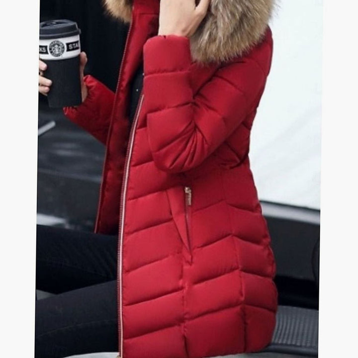 Women's Hooded Faux-Fur Trim Quilted Jacket Waist-Defining Puffer Coat