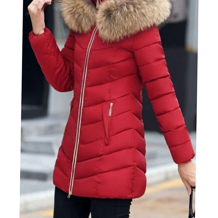 Women's Hooded Faux-Fur Trim Quilted Jacket Waist-Defining Puffer Coat