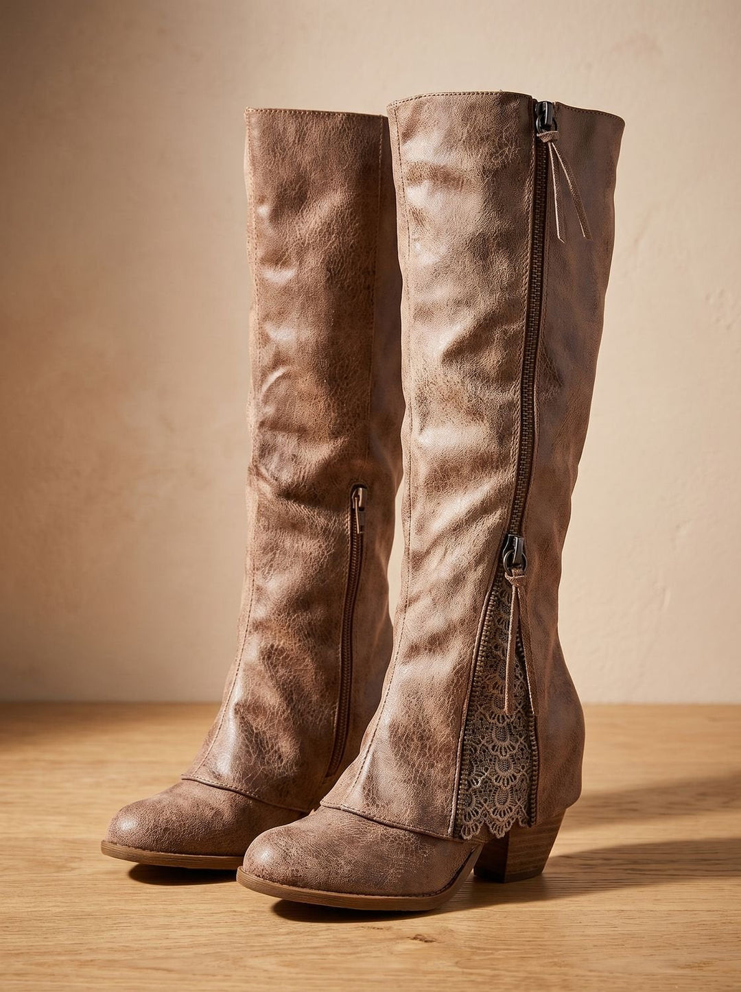 Women's Knee High Boots Block Chunky Heel Side-Zip Lace Detail - Brown
