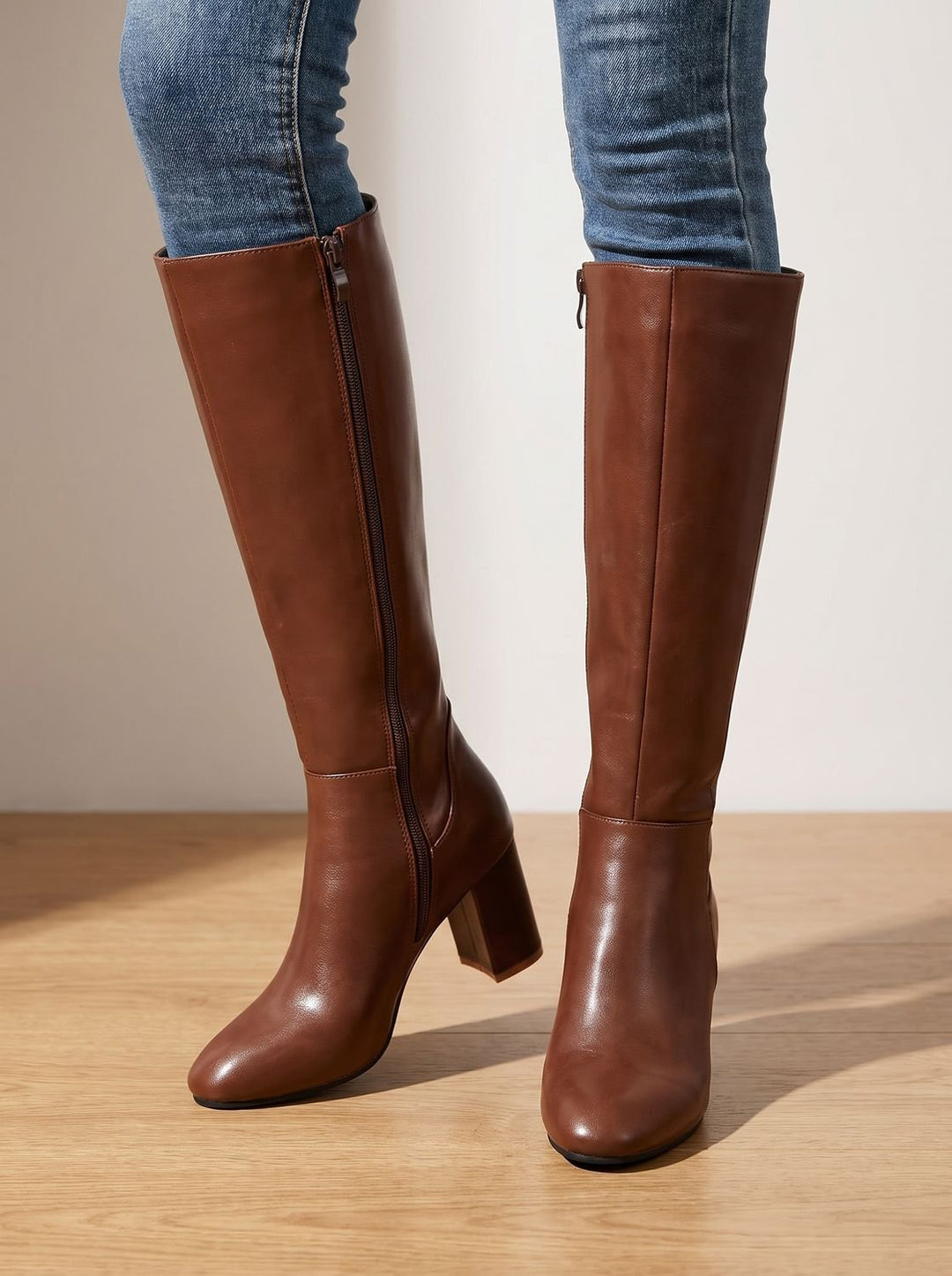 Women's Knee High Boots Block-Heel Side-Zip Faux Leather