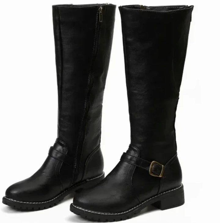 Women's Knee-High Buckle-Strap Riding Leather Boots