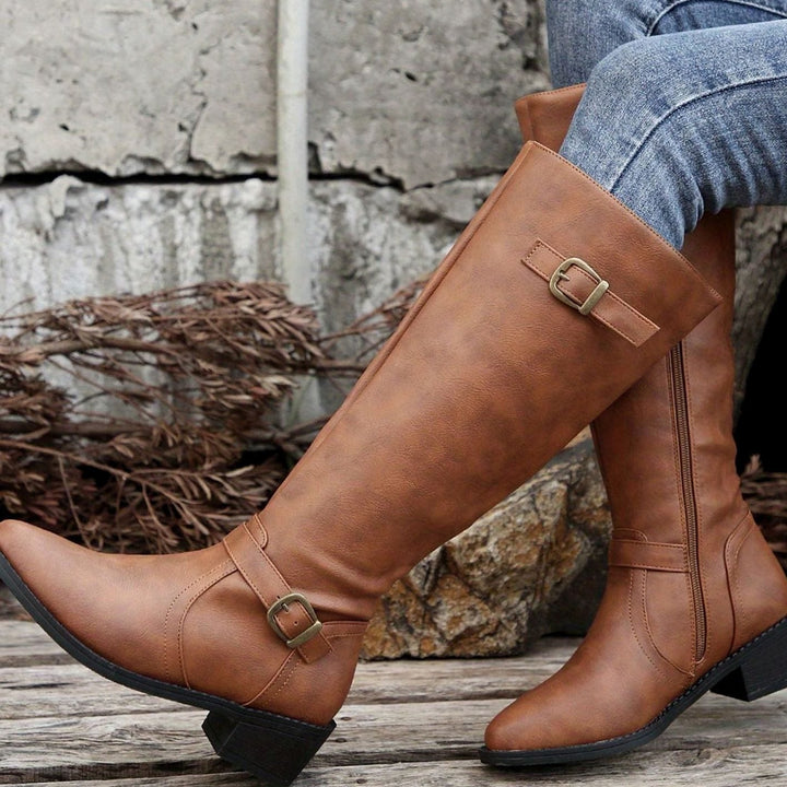 Women's Knee-High Riding Boots Buckle-Detail Side-Zip Low Heel - Light Brown