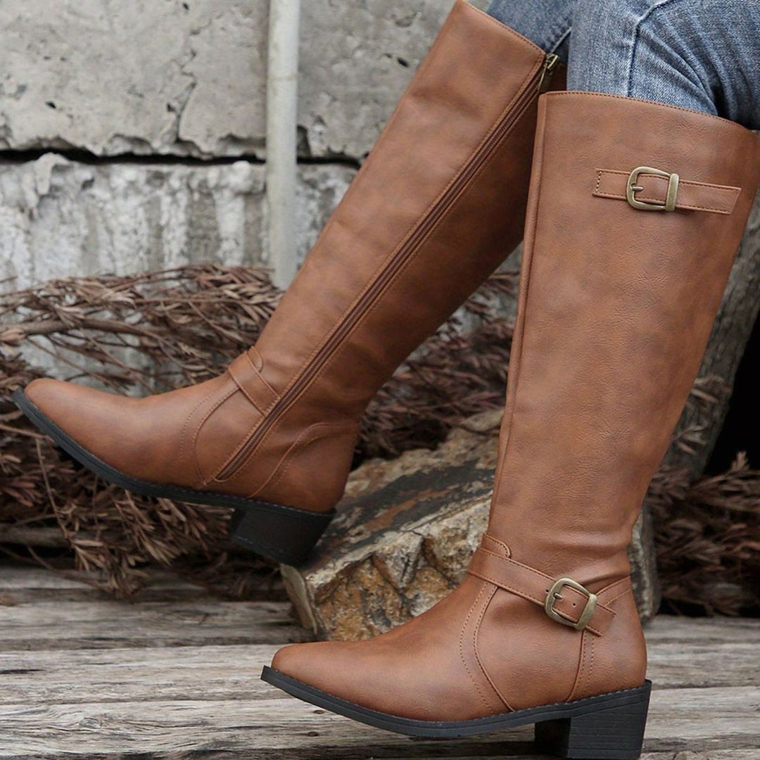 Women's Knee-High Riding Boots Buckle-Detail Side-Zip Low Heel