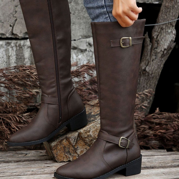 Women's Knee-High Riding Boots Buckle-Detail Side-Zip Low Heel