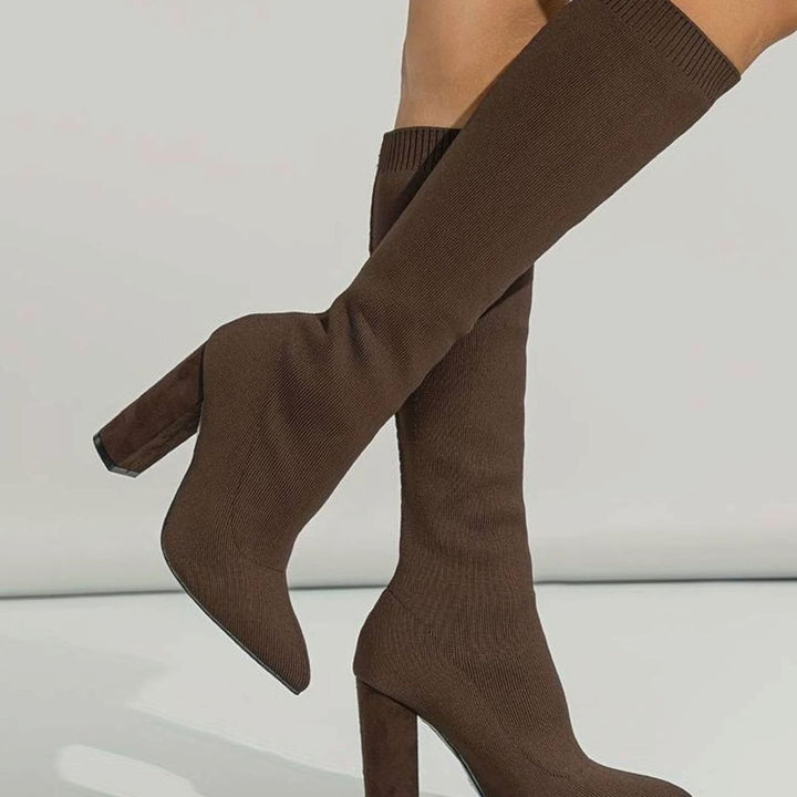 Women's Knitted Knee-High Sock Boots Block Heel