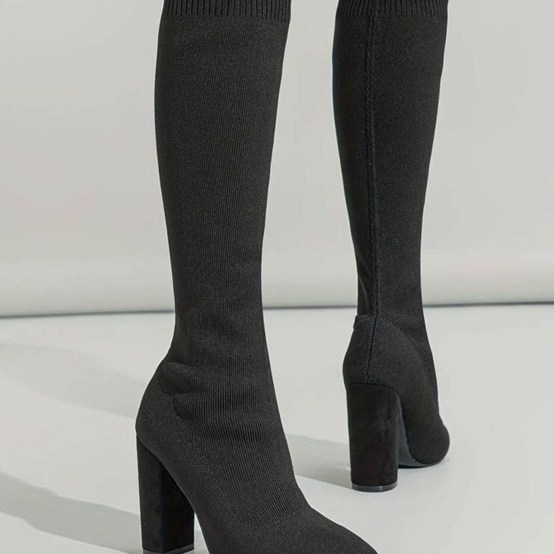 Women's Knitted Knee-High Sock Boots Block Heel