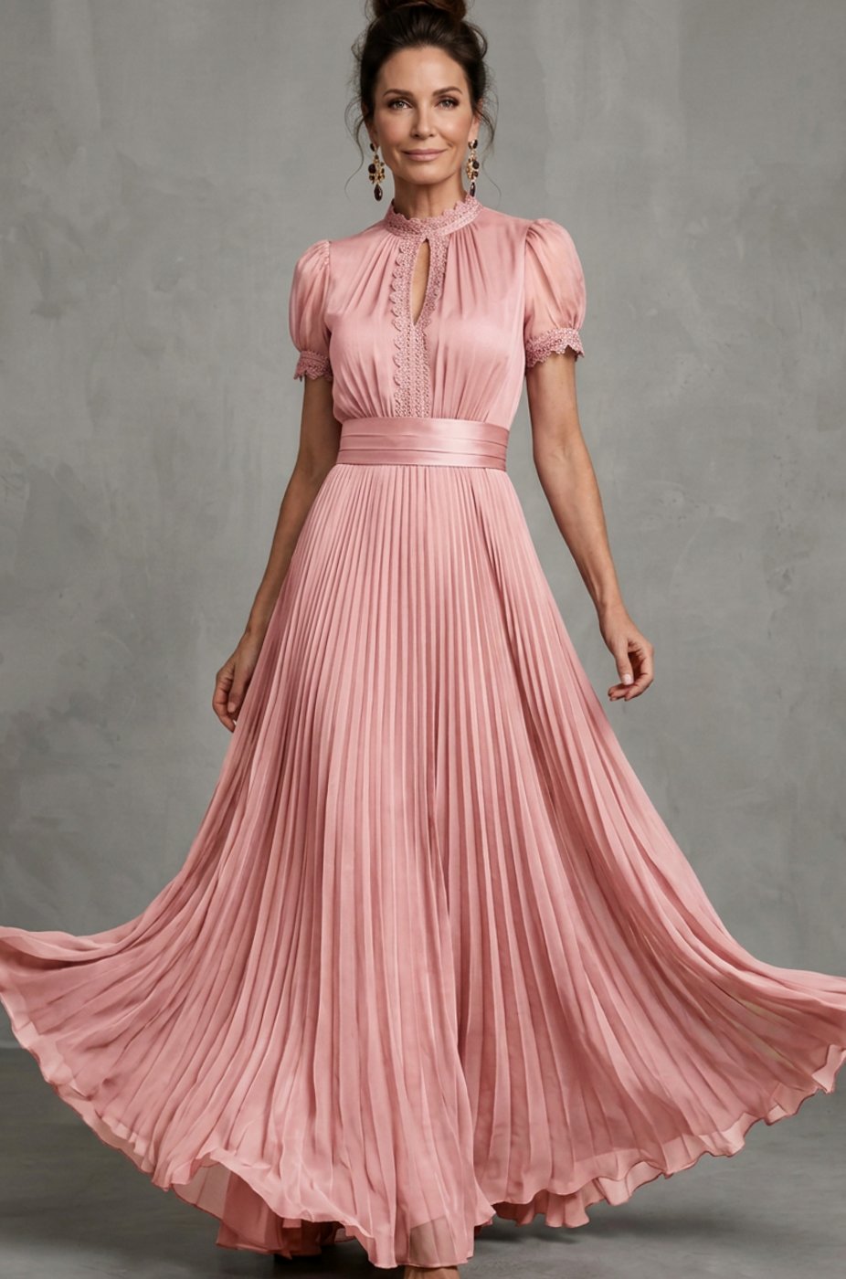 Women's Lace-Trim Pleated Maxi Dress Puff Sleeve Keyhole Gown - Blush Pink