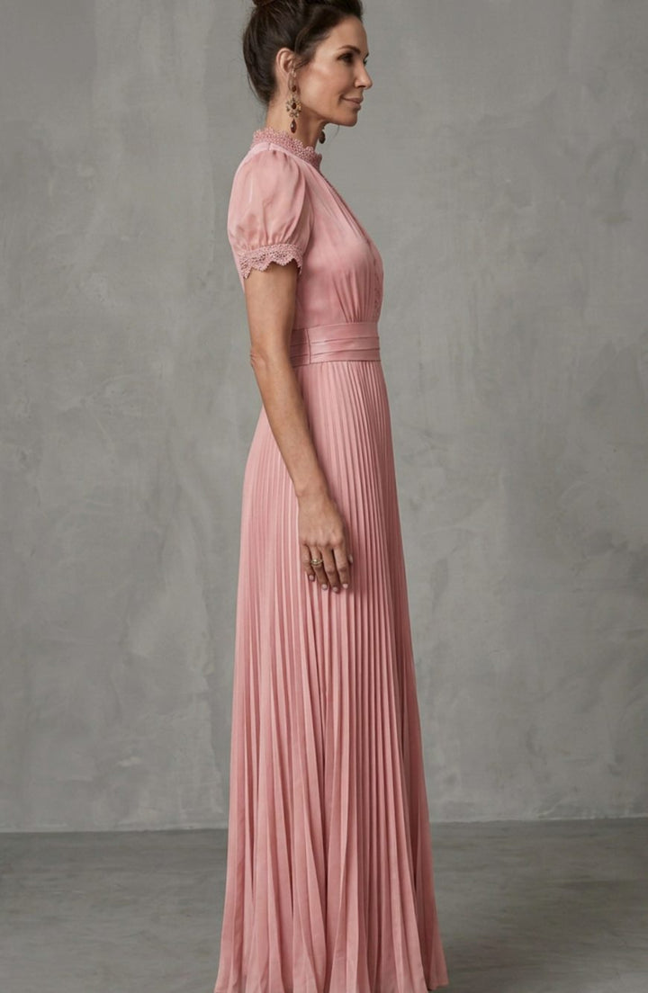 Women's Lace-Trim Pleated Maxi Dress Puff Sleeve Keyhole Gown