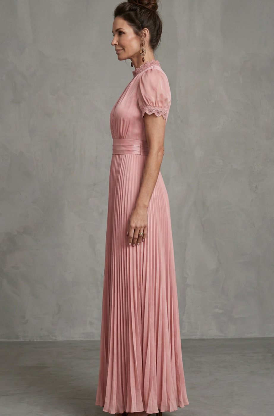 Women's Lace-Trim Pleated Maxi Dress Puff Sleeve Keyhole Gown
