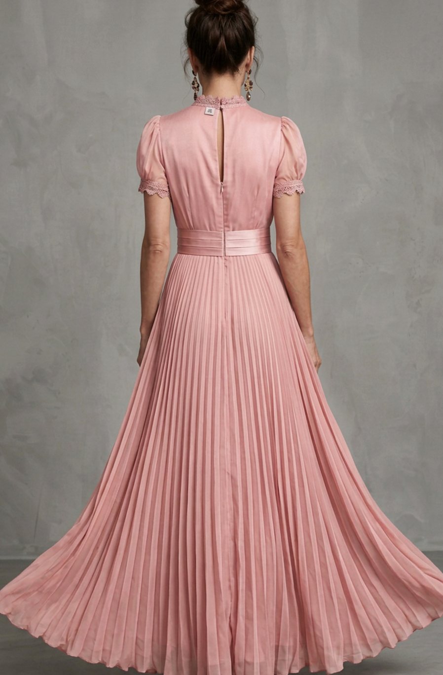 Women's Lace-Trim Pleated Maxi Dress Puff Sleeve Keyhole Gown