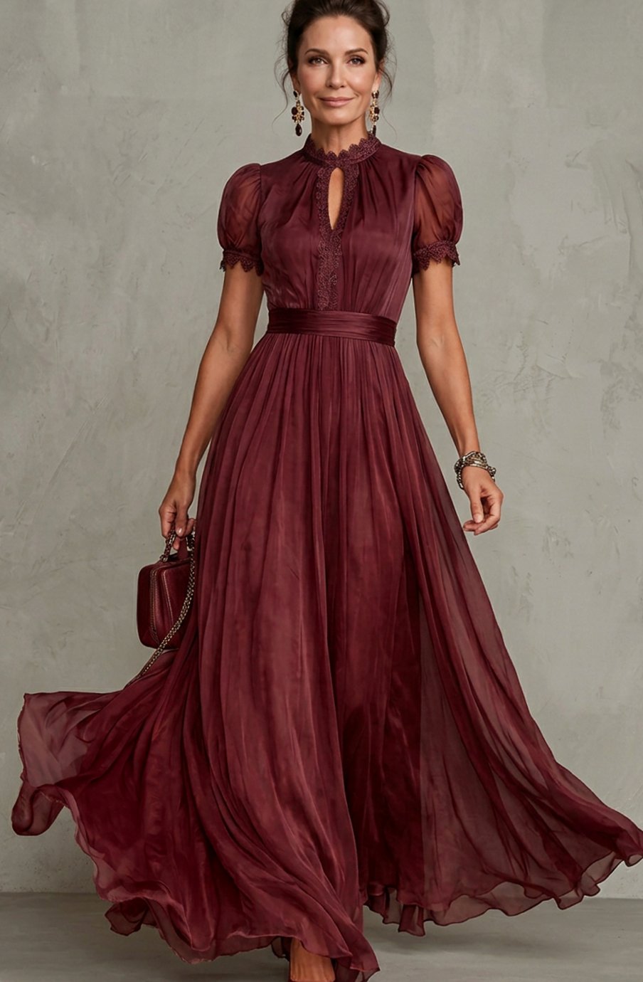Women's Lace-Trim Pleated Maxi Dress Puff Sleeve Keyhole Gown - Burgundy