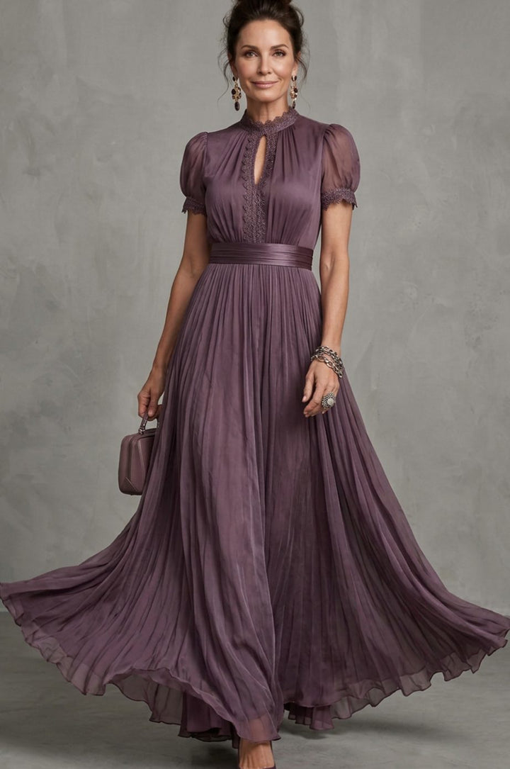Women's Lace-Trim Pleated Maxi Dress Puff Sleeve Keyhole Gown - Plum