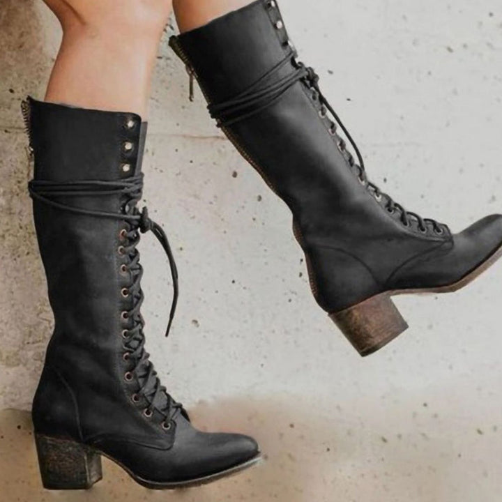 Women's Lace-Up Block Heel Knee-High Boots - Black