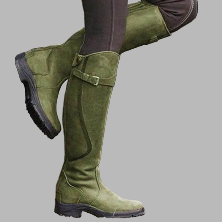 Women's Leather Knee-High Buckle Strap Hiking Boots - Green
