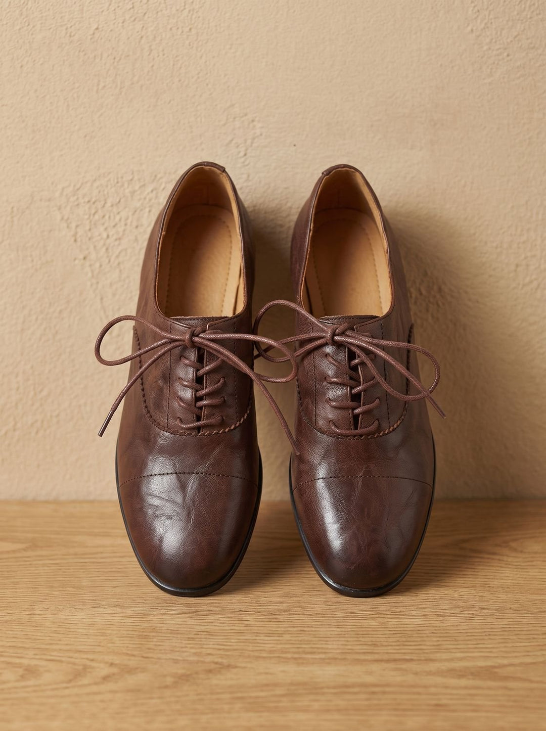 Women's Leather Lace-Up Cap Toe Oxford Flat Shoes