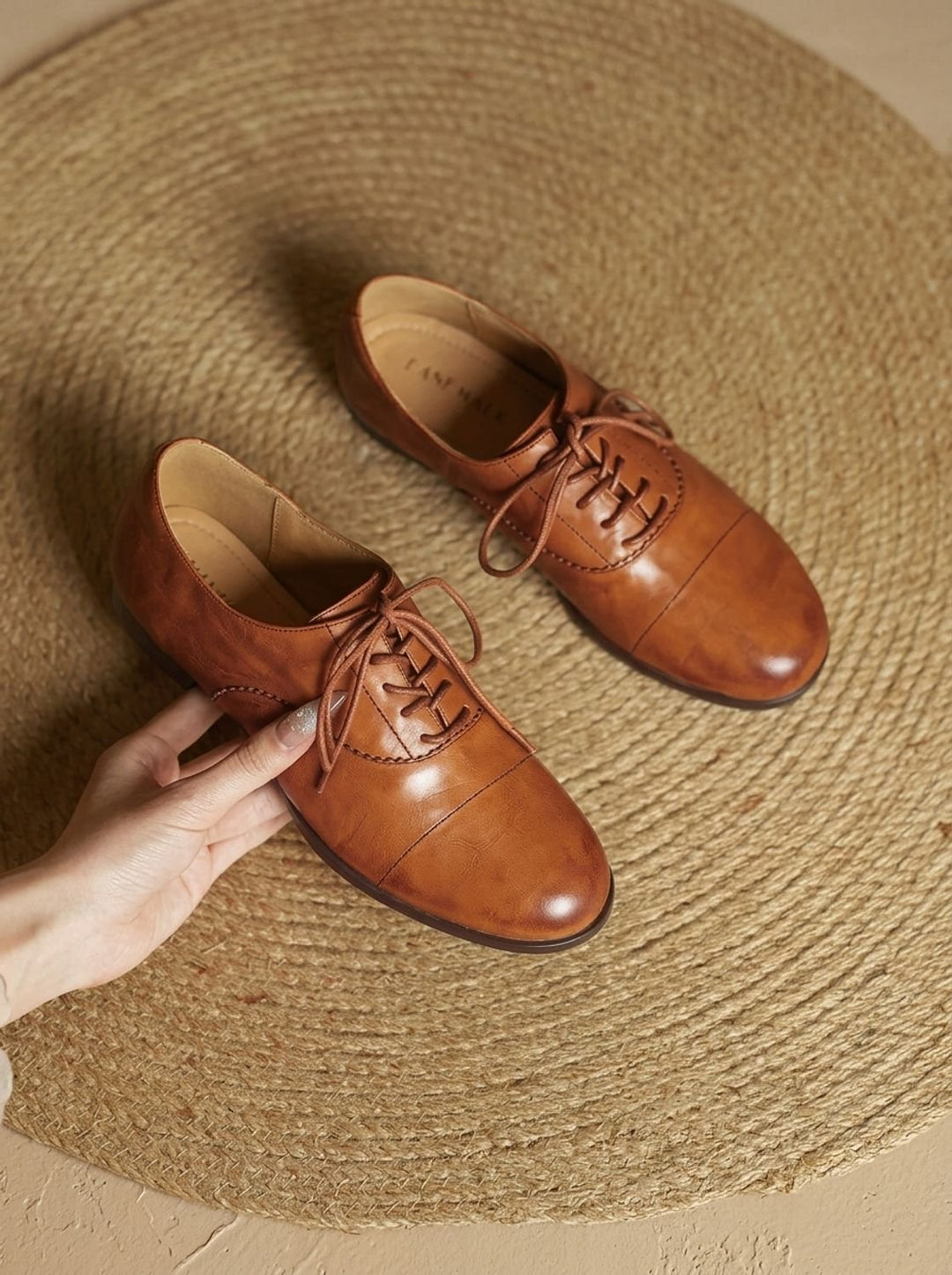 Women's Leather Lace-Up Cap Toe Oxford Flat Shoes