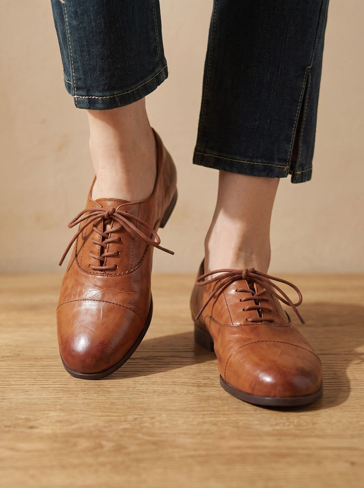 Women's Leather Lace-Up Cap Toe Oxford Flat Shoes